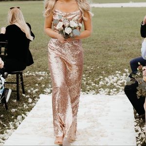 Blush rose gold cowl neck bridesmaid dress